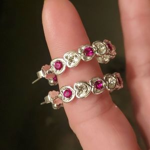 NIB, Two Hearts, hoops, deep red, white, 1in., silver, shiny